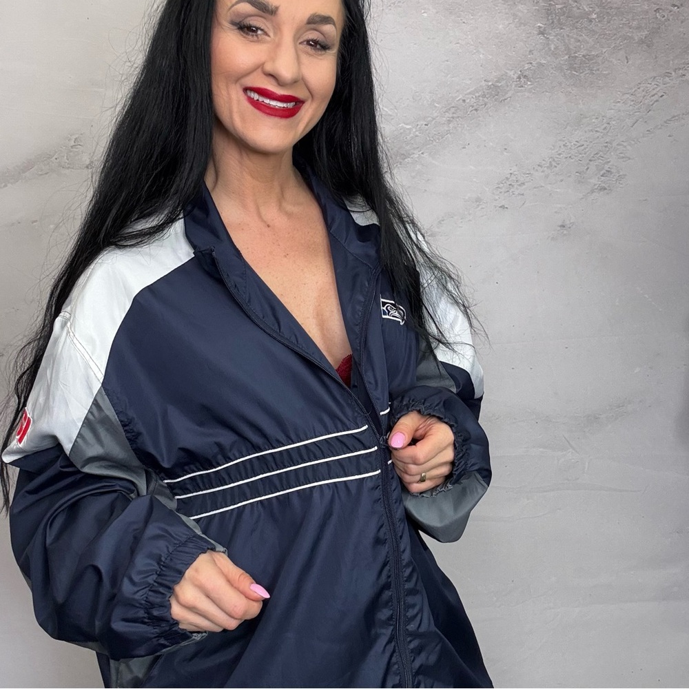 Blue and White Bomber Jacket with Standing Collar - Picture 2 of 6